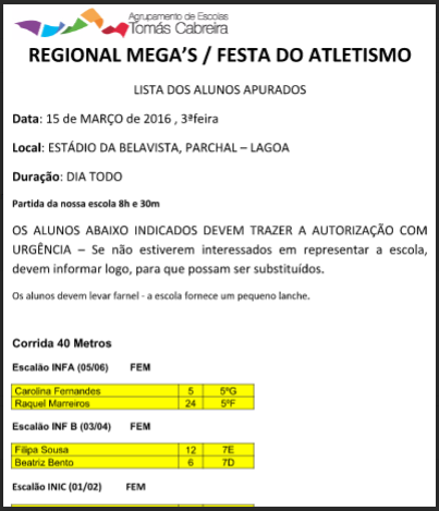 Lista de alunos apurados - Festa do atletismo - Lagoa 15 de março de 2016