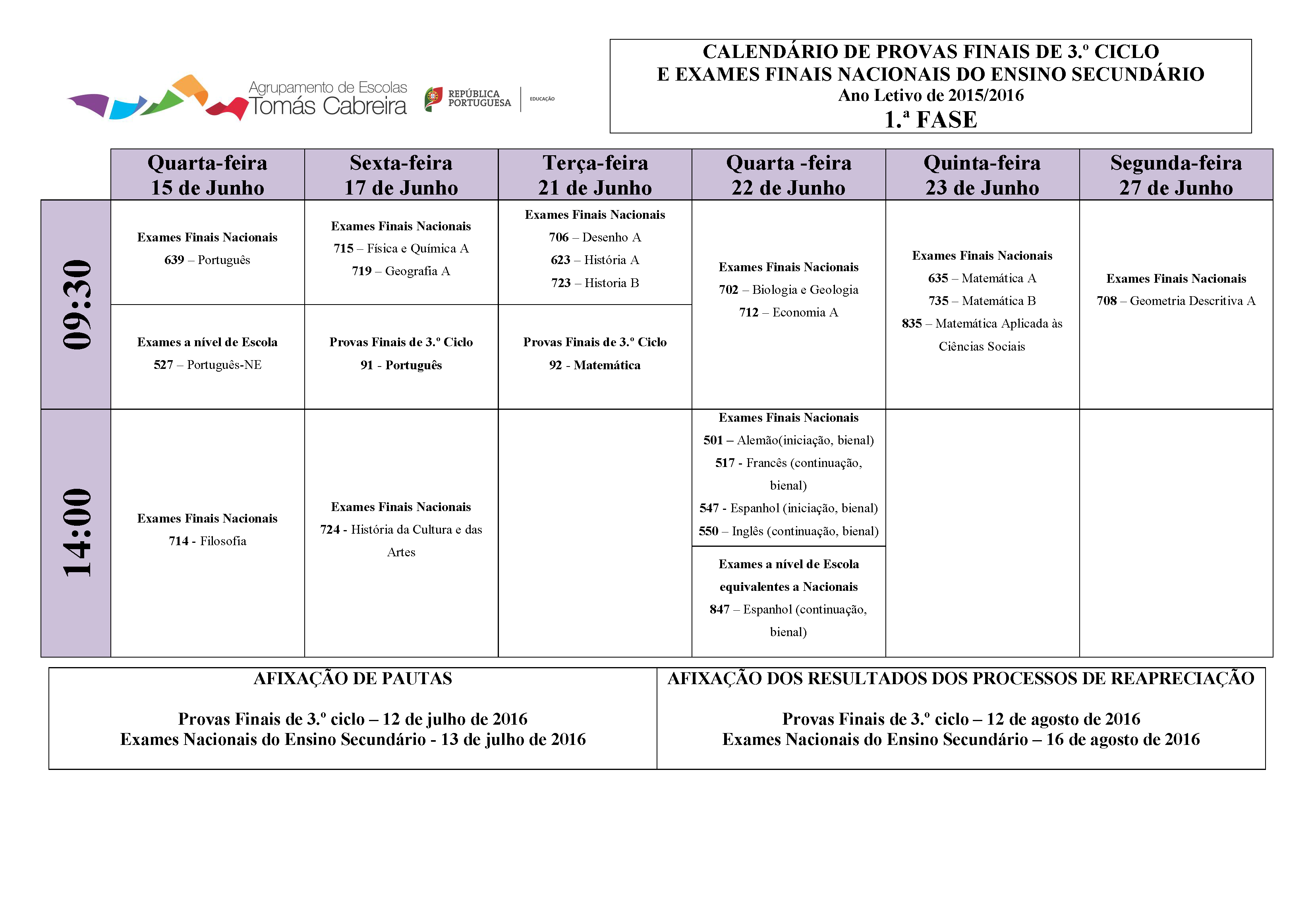 Calendário - Provas e exames 2016 - 1ª fase