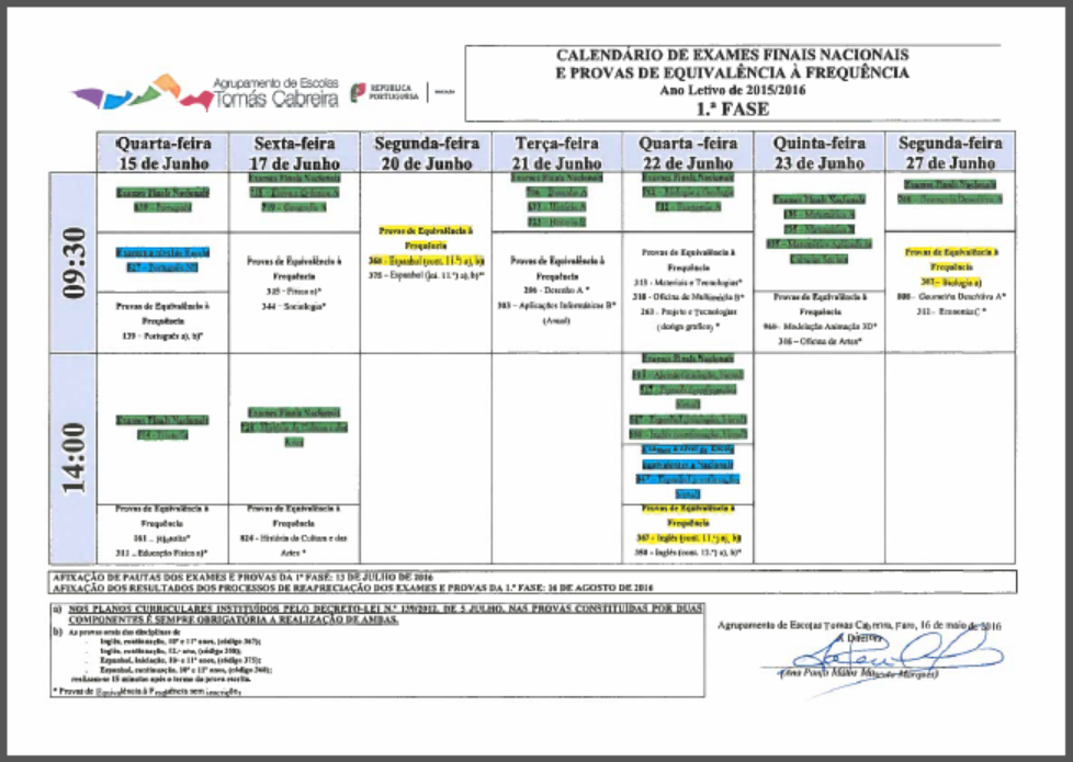 Calendário - Exames 2016 - 1ª fase