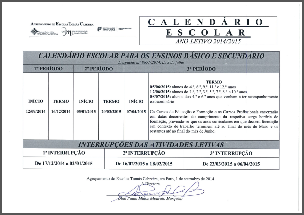 Calendário escolar 2014/2015