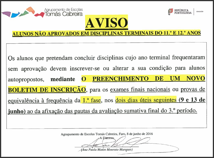 Aviso - Prazos para alunos não aprovados