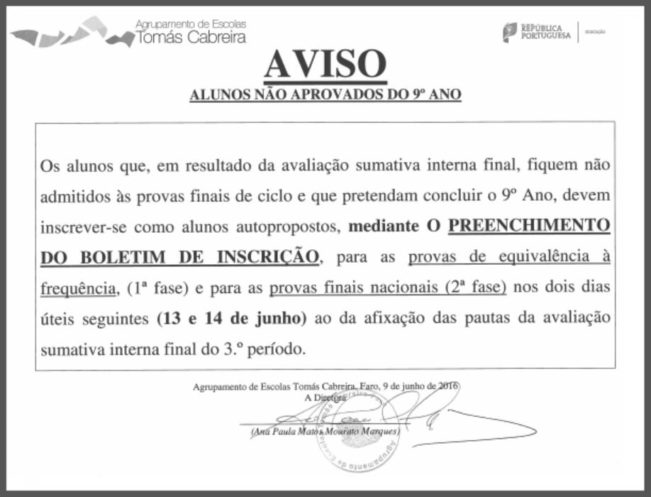 Aviso - Prazos para alunos não aprovados - 9º - 2016