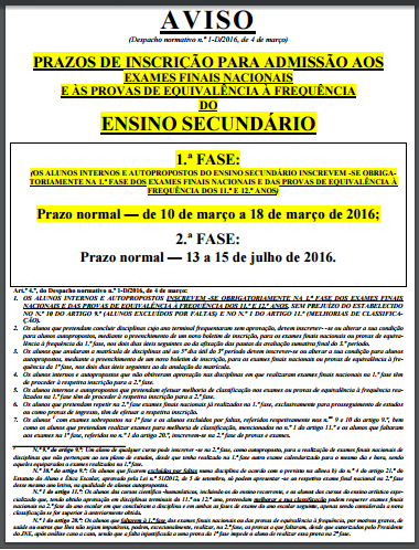 Aviso de prazos - exames 2016 -ES