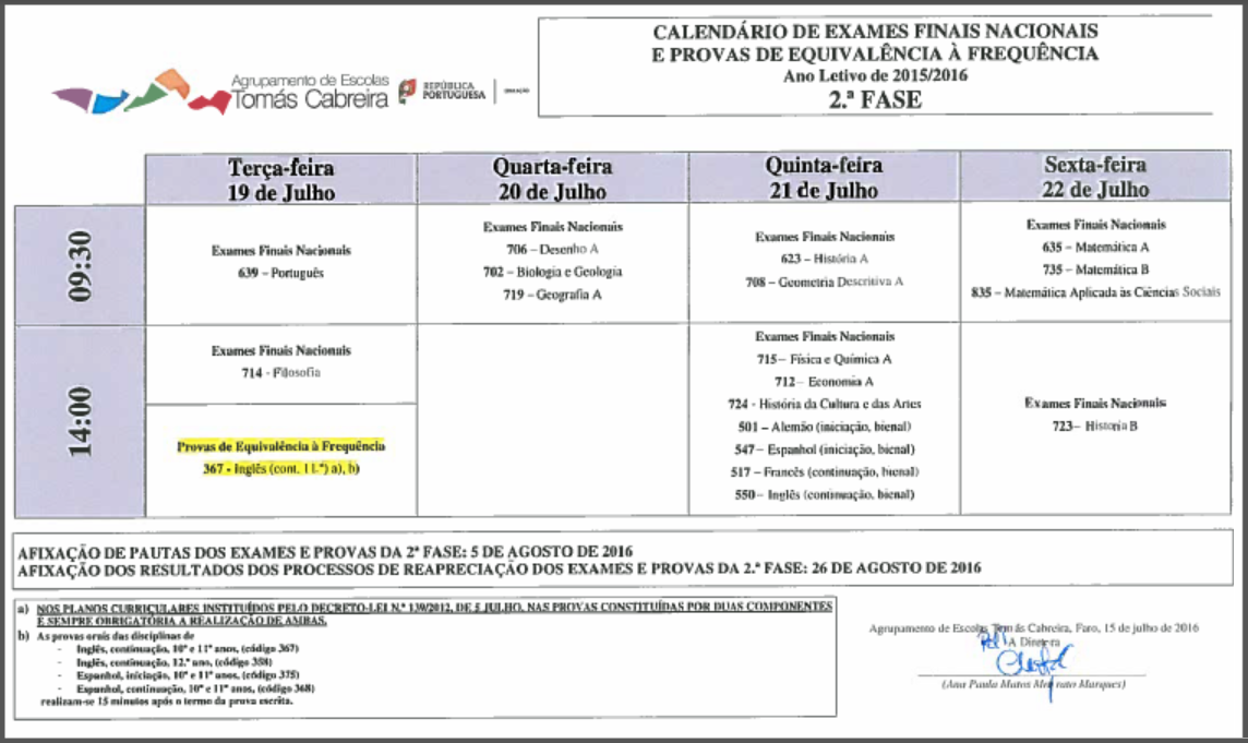 Calendário - Provas e exames 2016 - 2ª fase - secundário