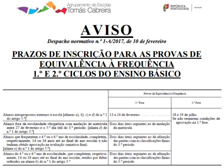 Provas do 1º ciclo - Prazos de inscrição