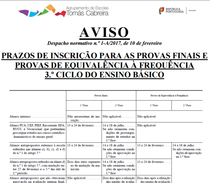 Provas do 3º ciclo - Prazos de inscrição