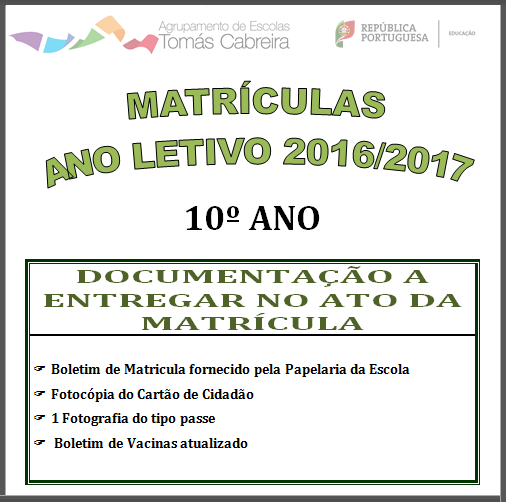 10º ano - documentação para matrículas