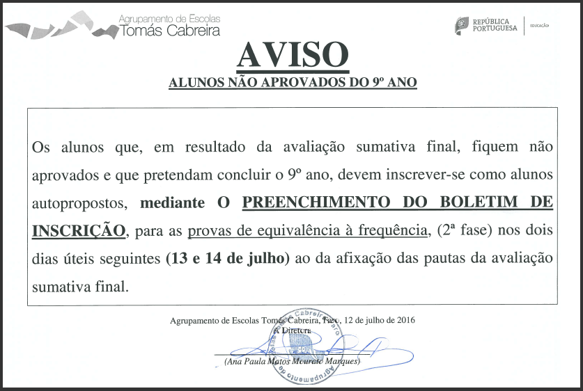 2016 - Aviso aos alunos do 9º ano