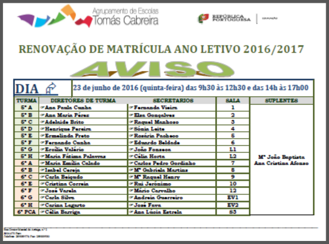 Aviso - Renovação de matrícula - 5º e 6º anos - Escolas JM e Culatra