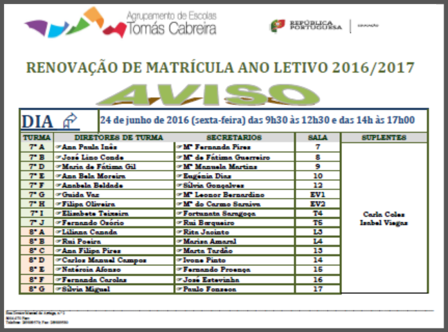 Aviso - Renovação de matrícula - 7º e 8º anos - Escola JM