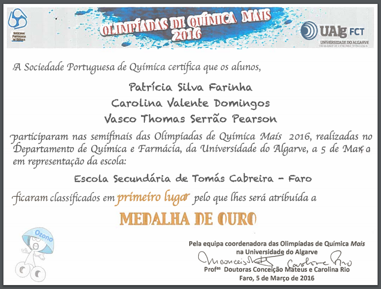 Diploma - Prémio de Química - Olimpíadas 2016